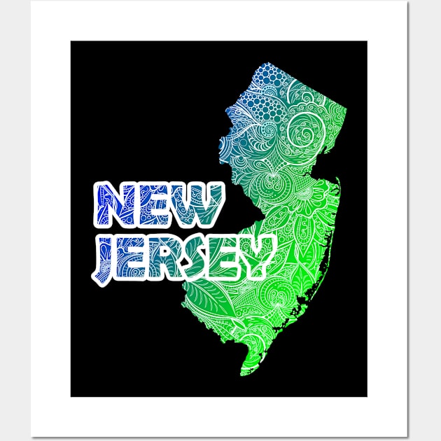 Colorful mandala art map of New Jersey with text in blue and green Wall Art by Happy Citizen